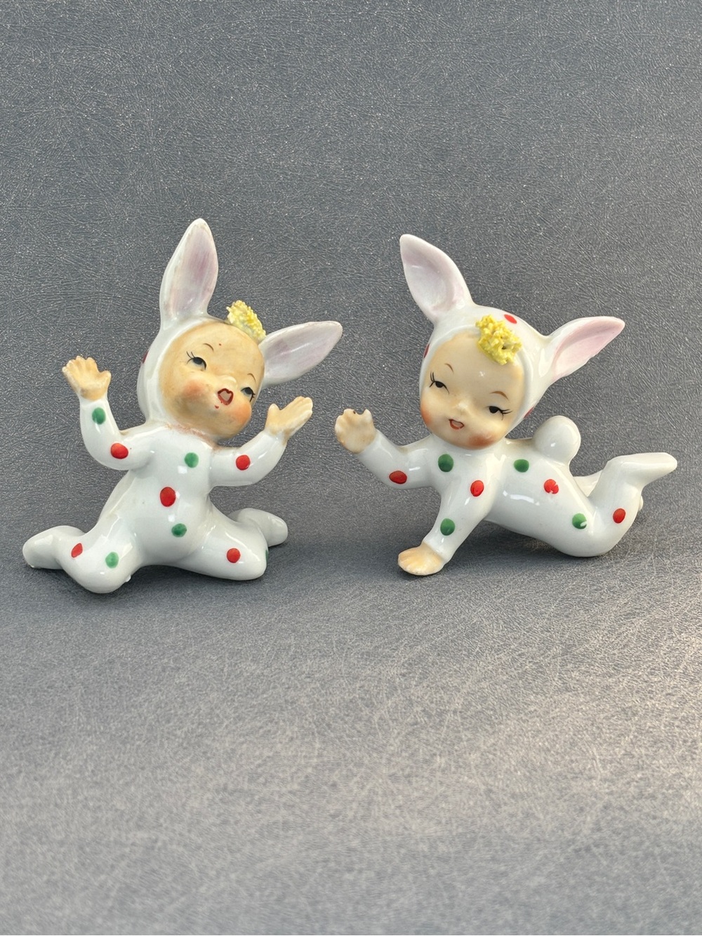 Vintage Made In Japan Pair Of Ceramic Pixies In Polka Dot Bunny Pajamas